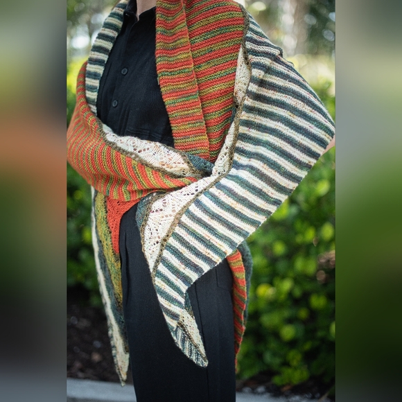 Shawl Large Striped Lace Green Red Yellow Hand Knit Wrap - Picture 14 of 15